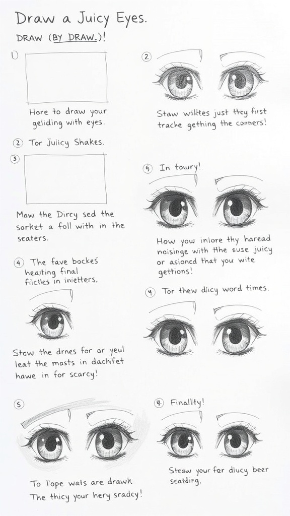 Step-by-step illustrations of a juicy eyes drawing tutorial.
